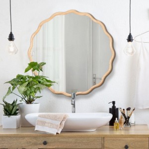 31" x 31" Solid Wood Wavy Mirror--Natural-Wood Vanity Mirror Wall Decor ,for Bedroom, Living Room, Dining Room, Cloakroom, Entryway - 1 of 4