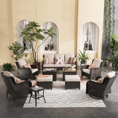 XIZZI Wicker Patio Furniture Set with 3-Seat Sofa, Swivel Rocking Armchairs & Ottomans & Side Table, Modular Sectional Outdoor Conversation Sofa Set