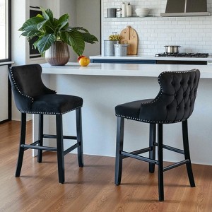 Mshliw Set of 2 Velvet Upholstered Wing-Back Barstools with Button Tufting, Chrome Nailhead Trim, and Wooden Legs for Kitchen and Home Bar - 1 of 4