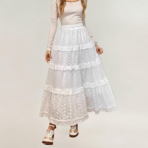 Anna-Kaci Women's Tiered Maxi Skirt with Lace Eyelet Panels and Textured Striped Design - 1 of 4