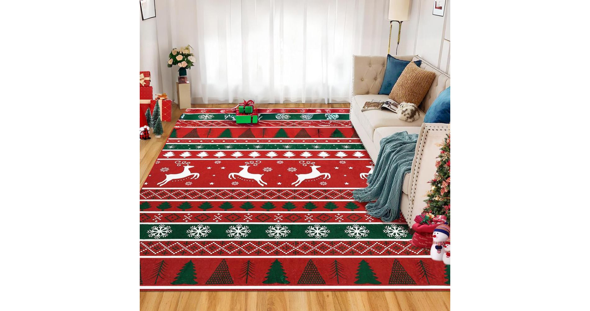 Christmas Washable Area Rug Xmas Tree and Snowflake Rug Holiday Home Decor