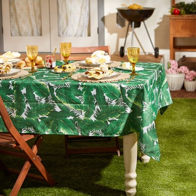 Green Banana Leaf Round Polyester Dining Tablecloth