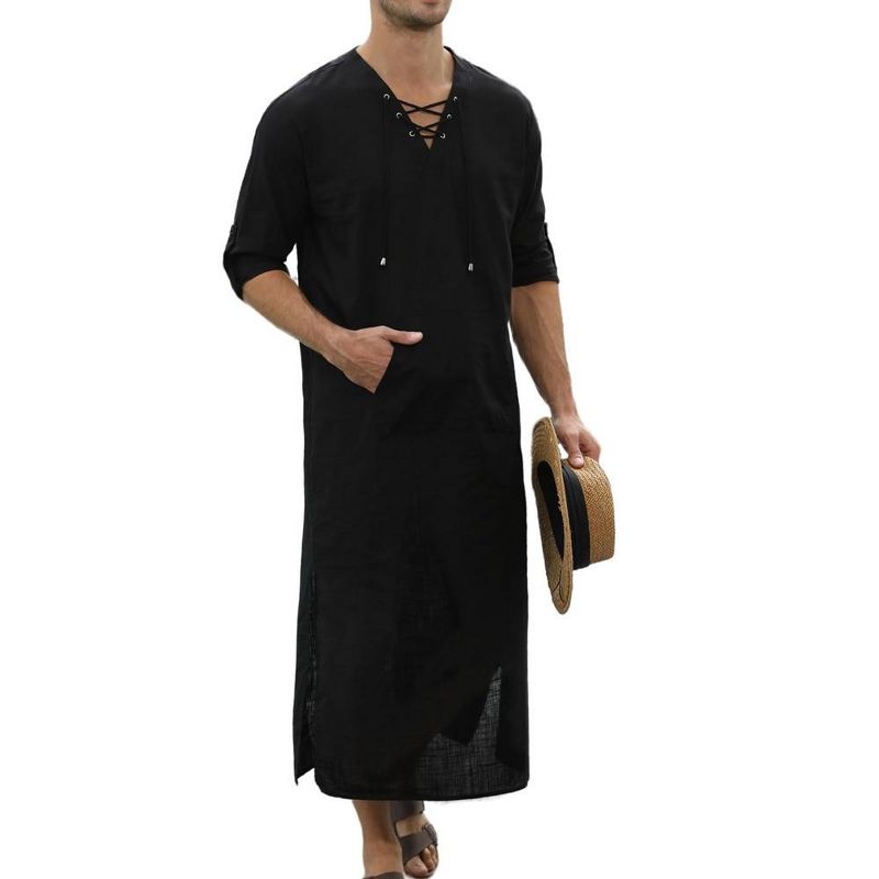 Men's Long Sleeve Kaftan Thobe Casual Lace up Robe Side Split Long Gown Linen Shirt with Pockets Black L, 1 of 7