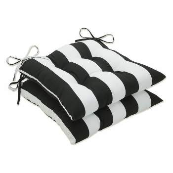2pk Cabana Stripe Wrought Iron Outdoor Seat Cushions Black - Pillow Perfect