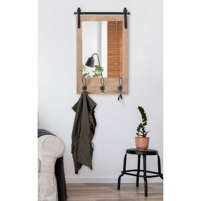 Rustic Brown Wood Wall Mirror with Hooks and Iron Bar