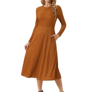 INSPIRE CHIC Women's Long Sleeve Round Neck Casual Stretchy A-Line Midi Dress - 1 of 4