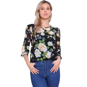 INSPIRE CHIC Women's Round Neck Ruffle 3/4 Sleeve Floral Print Chiffon Blouse - 1 of 4