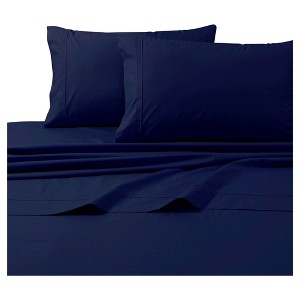 Cotton Percale Solid Sheet Set (Twin Extra Long) Midnight Blue 300 Thread Count - Tribeca Living , Black Blue