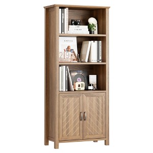 70 Inch Tall Bookshelf 5 Tier Bookcase with Barn Doors and Adjustable Shelves, Walnut Farmhouse Book Shelf with Storage Cabinet - 1 of 4