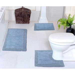 Luxury Reversible Bathroom Rugs Set, Washable Rug, Extra Soft and Absorbent bath Rug, Kitchen Mat, Non-Slip Bath Mat Set, 3 Pcs Set with Contour, Blue - 1 of 4