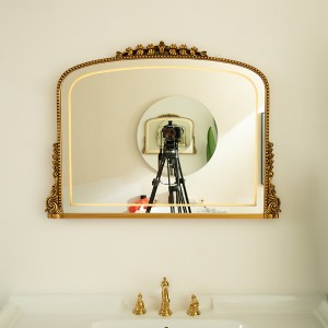 GDFStudio Uma Transitional Irregular Faux Leather Decorative Wall Mirror with 3-Color Adjustable Light - 1 of 4