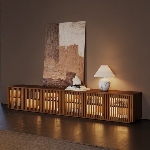 POVISON 95" Mid-Century Modern Wood Slatted TV Stand with LED lights, LED TV Stand, Walnut Color TV Console - 1 of 4