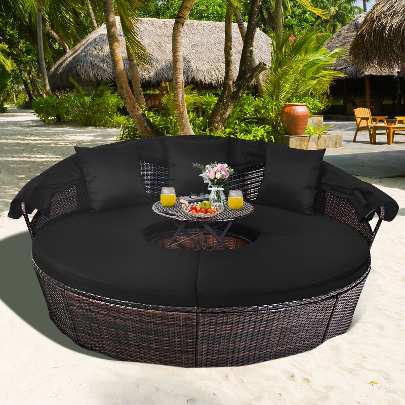 Costway Patio Rattan Daybed Cushioned Sofa Adjustable Table Top Canopy Black, 5 of 11