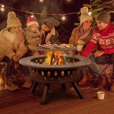 KTMBDW Round Metal Fire Pit with Grills, Outdoor Firepits for Outside, Wood Burning Fireplace for Camping, Picnic, Bonfirefor Backyard, Patio, Black