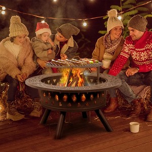 KTMBDW Round Metal Fire Pit with Grills, Outdoor Firepits for Outside, Wood Burning Fireplace for Camping, Picnic, Bonfirefor Backyard, Patio, Black - 1 of 4