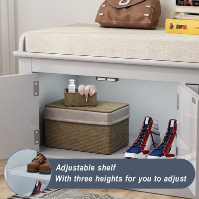 Gray Wash Upholstered Storage Bench with Cushion and Doors