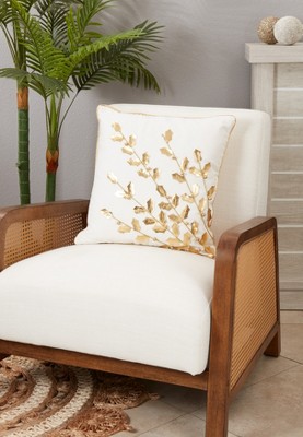 Gold Metallic Poinsettia Branch Design Holiday Cotton Throw Pillow