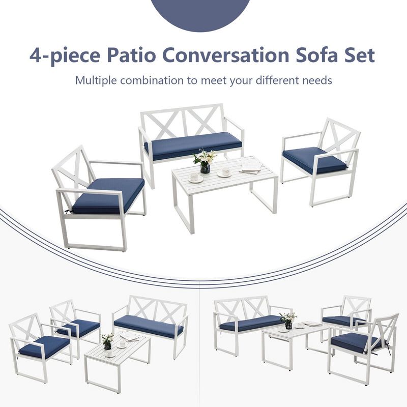 Tangkula 4PCS Patio Furniture Set Outdoor Conversation Set Metal Frame w/ Navy Cushions, 3 of 9
