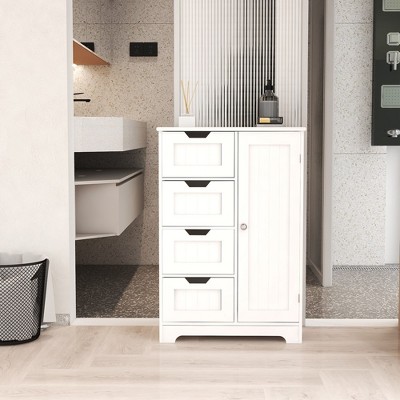 White freestanding floor storage cabinet with adjustable shelves