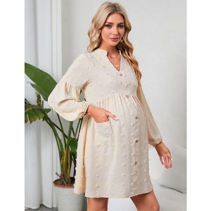 Maternity Swiss Dot Dress V Neck Long Sleeve Button Down Mini Dress Baby Shower Photoshoot with Pockets - 1 of 4