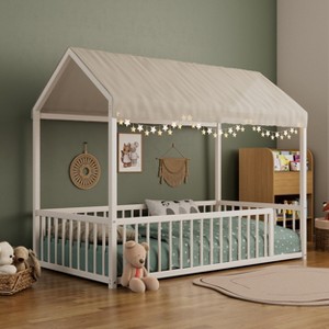 Twin/Full Size Montessori Metal Floor Bed Frame, House Shaped Bed with Safety Fence for Kids & Toddlers - ModernLuxe - 1 of 4
