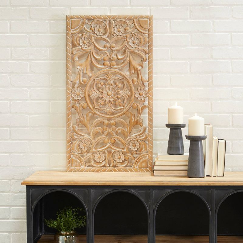 Wood Floral Intricately Carved Wall Decor Brown - Olivia &#38; May, 1 of 7