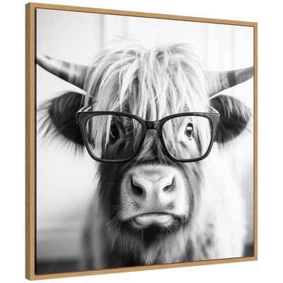 Kate & Laurel All Things Decor 30"x30" Sylvie Highland Cow in Reading Glasses Framed Canvas by The Creative Bunch Studio Natural