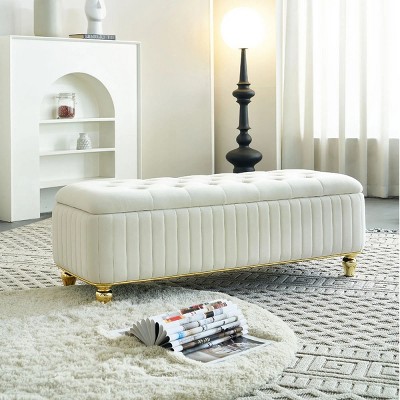 Rectangular Ottoman With Gold Decoration Strip,Velvet Bench With Storage ,Upholstered Storage Benches,Benches For Living Room-Cuddlewood