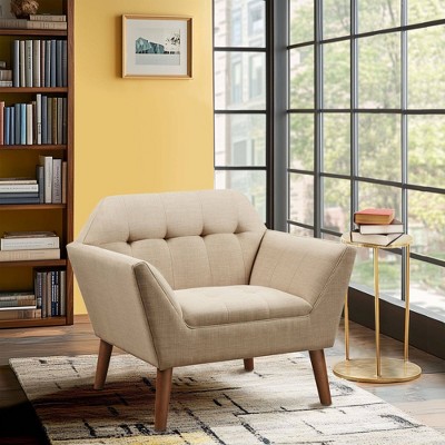 Tan Button Tufted Swivel Accent Chair with Wood Legs