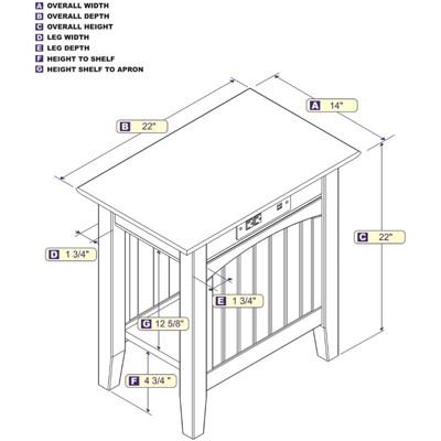 Nantucket Burnt Amber Solid Rubberwood Side Table with Charging Station