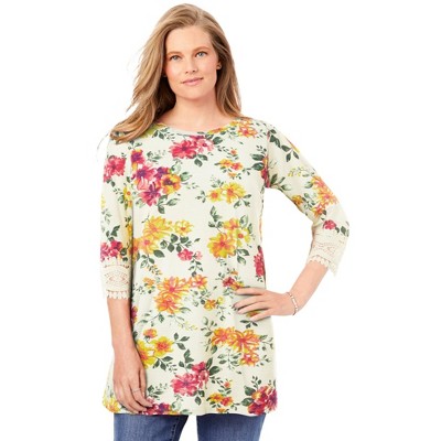 Woman Within Women's Plus Size Crochet-Trim Three-Quarter Sleeve Tunic