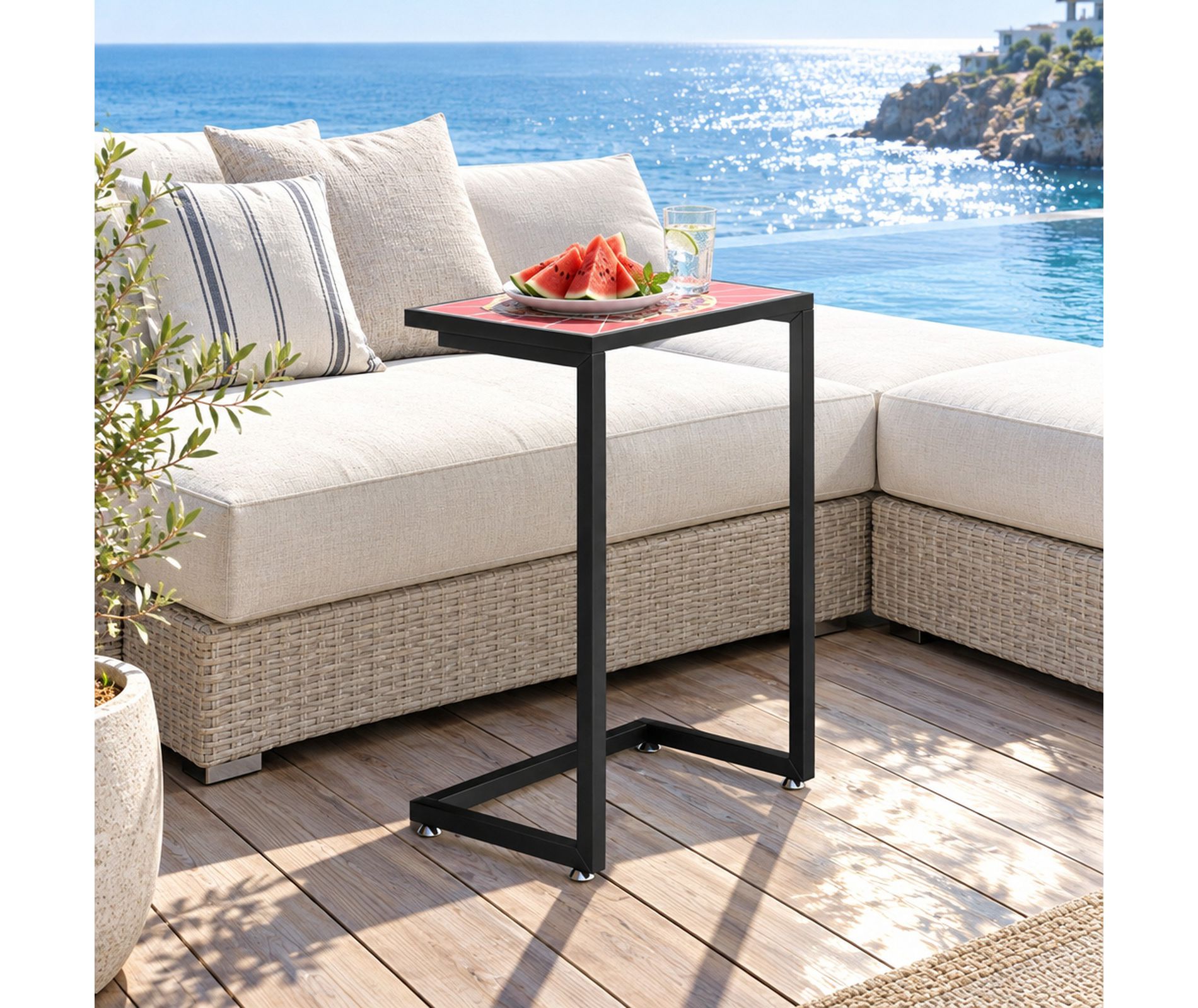 C-Shaped Waterproof Outdoor Coffee Table with Ceramic Top for Small Spaces