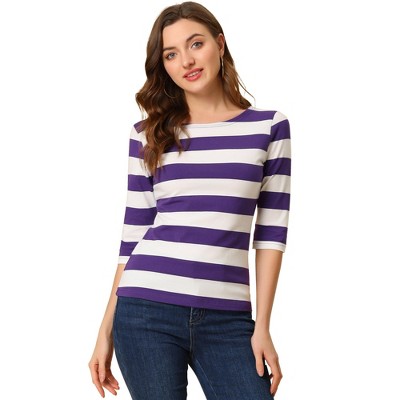INSPIRE CHIC Women's Stripes Casual Basic Elbow Sleeves Boat Neck Slim Fit T-Shirts
