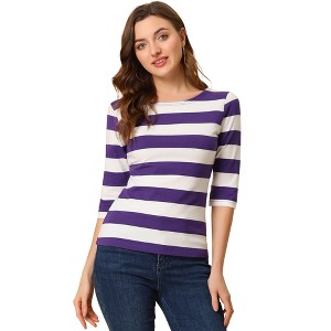 INSPIRE CHIC Women's Stripes Casual Basic Elbow Sleeves Boat Neck Slim Fit T-Shirts - 1 of 4