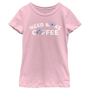 Girl's Lilo & Stitch Need More Coffee Distressed Stitch T-Shirt - 1 of 4