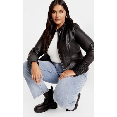 Women's Plus Size Ribbed Biker Jacket - black | CITY CHIC