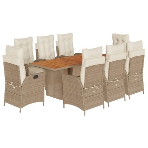 vidaXL 9 Piece Patio Dining Set - Beige Poly Rattan & Acacia Wood Table with Cushions - Adjustable Reclining Chairs - 1 of 4