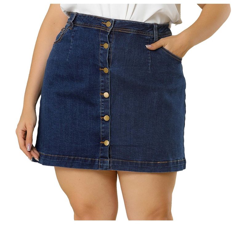 Agnes Orinda Women's Plus Size Denim Button Side Pocket Casual Jean A-Line Mini Skirt, 1 of 6
