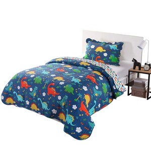 Marcielo 100% Cotton Kids Quilt Bedspread Dinosaur KL1804 Blue Twin - 1 of 4