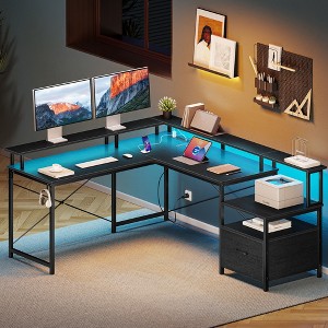 Greenstell Modern L-shaped computer desk - with LED lights, storage filing cabinet, and flip-up corners - 1 of 4