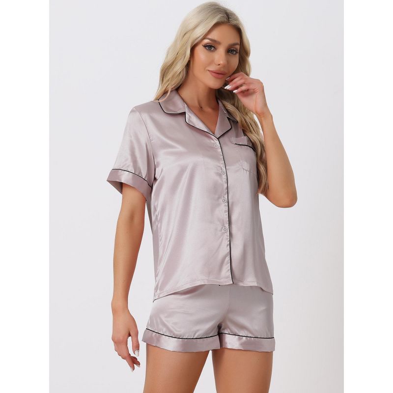 cheibear Women's Satin Button Down Sleepwear Shirt with Shorts Pajama Sets, 3 of 6