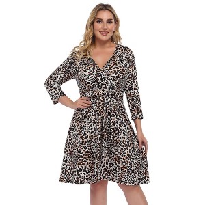 Coolmee Women Casual Boho Floral V-Neck Waist Tie Three-quarter Sleeve Swing Mini Dress - 1 of 3