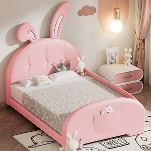 Cute Twin Size Upholstered Princess Bed,Platform Bed with Rabbit-Shape Headboard and Footboard,for Kids Toddlers Boys Girls Bedroom Use - 1 of 4