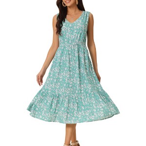 INSPIRE CHIC Women's Summer Boho Beach V Neck Sleeveless Floral Flowy Tiered Midi Dress with Pockets - 1 of 4