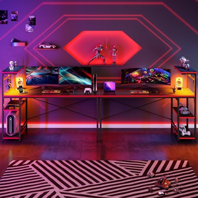 Bestier 61" Reversible Gaming Computer Desk with LED Lights 4 Tier Shelves