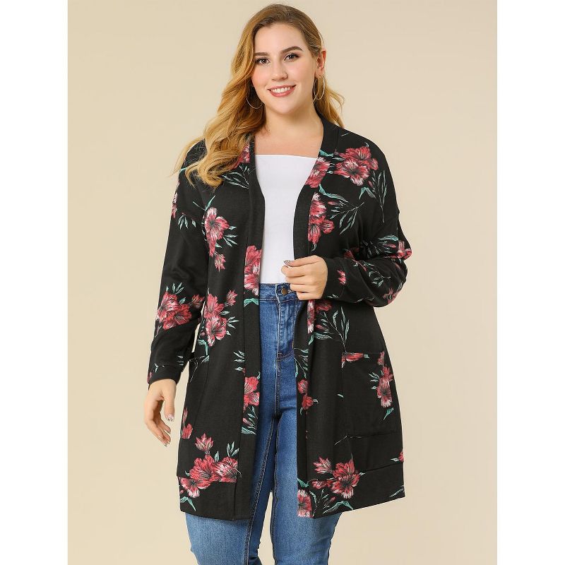 Agnes Orinda Women's Plus Size Lightweight Open Front Knit Floral Cardigan, 3 of 8