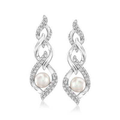 Ross-Simons 6mm Cultured Pearl and .40 ct. t.w. Diamond Link Drop Earrings in Sterling Silver