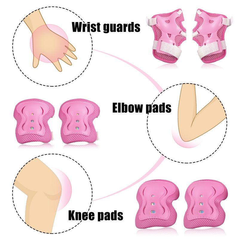 Unique Bargains Cycling Roller Skating Plastic Wrist Elbow Knee Support Brace 6 in 1 Set Protective Pads Pink White 4.9" x 3.9", 2 of 9