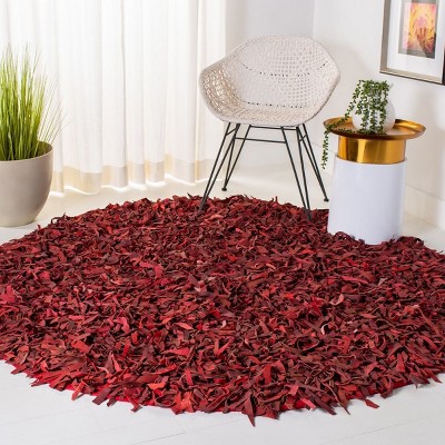 Red Round Hand-Knotted Leather Shag Area Rug