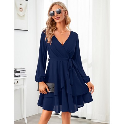 Womens Skater Dresses Sexy V Neck Short Sleeve Tie Waist Solid Ruffle Boho Flowy Swing Mini Dress